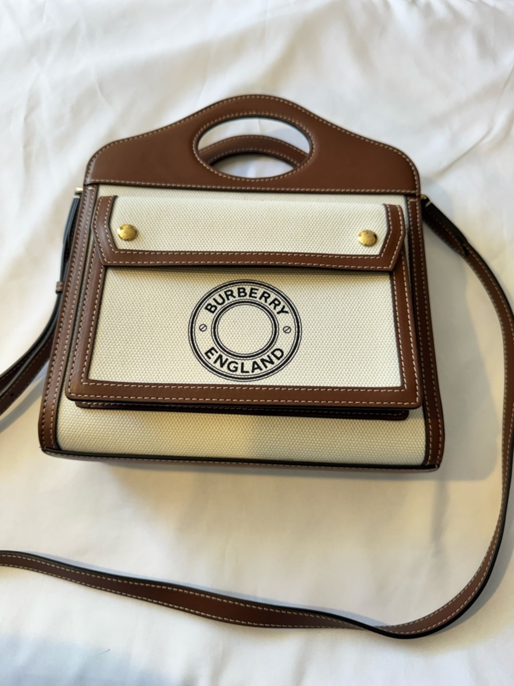 Burberry Cream Canvas with Brown Leather Trim Top-Handle Crossbody